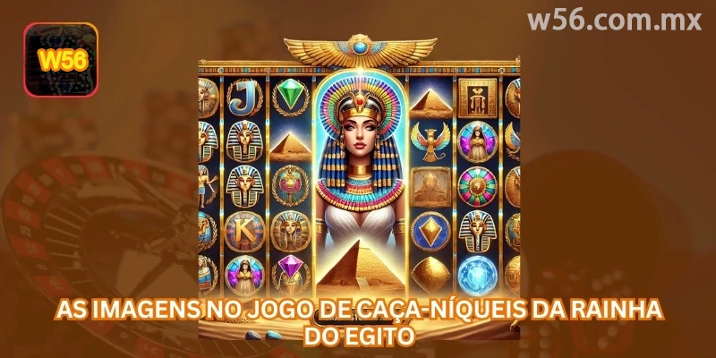 Os símbolos de Rainha do Egito incluem ícones comuns e recursos especiais, como Wild, Bonus, Jackpot e giros grátis.