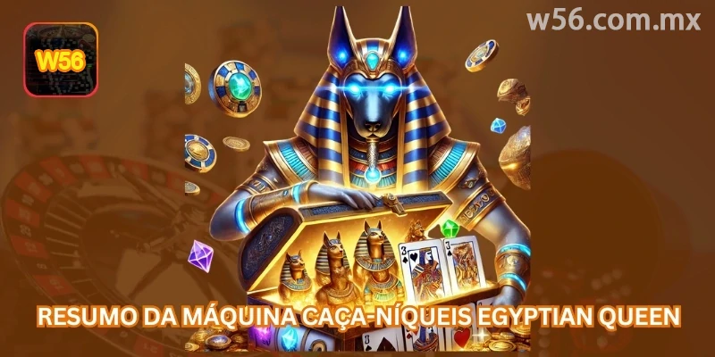 Resumo do slot Rainha do Egito: tema egípcio, 5 rolos, linhas de pagamento e recursos como Bonus, Wild e giros grátis.